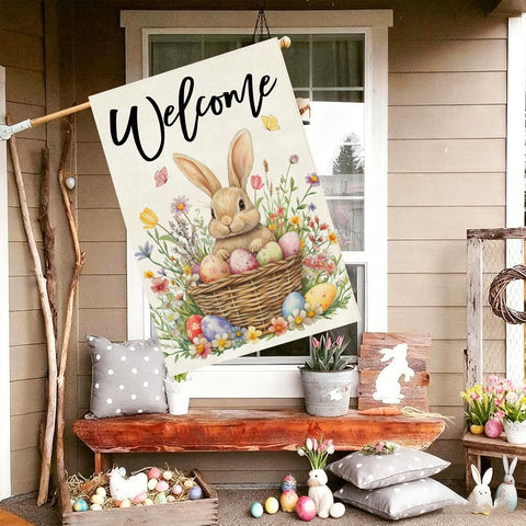 Baccessor Easter design with eggs and tulips, ideal for porch or garden.