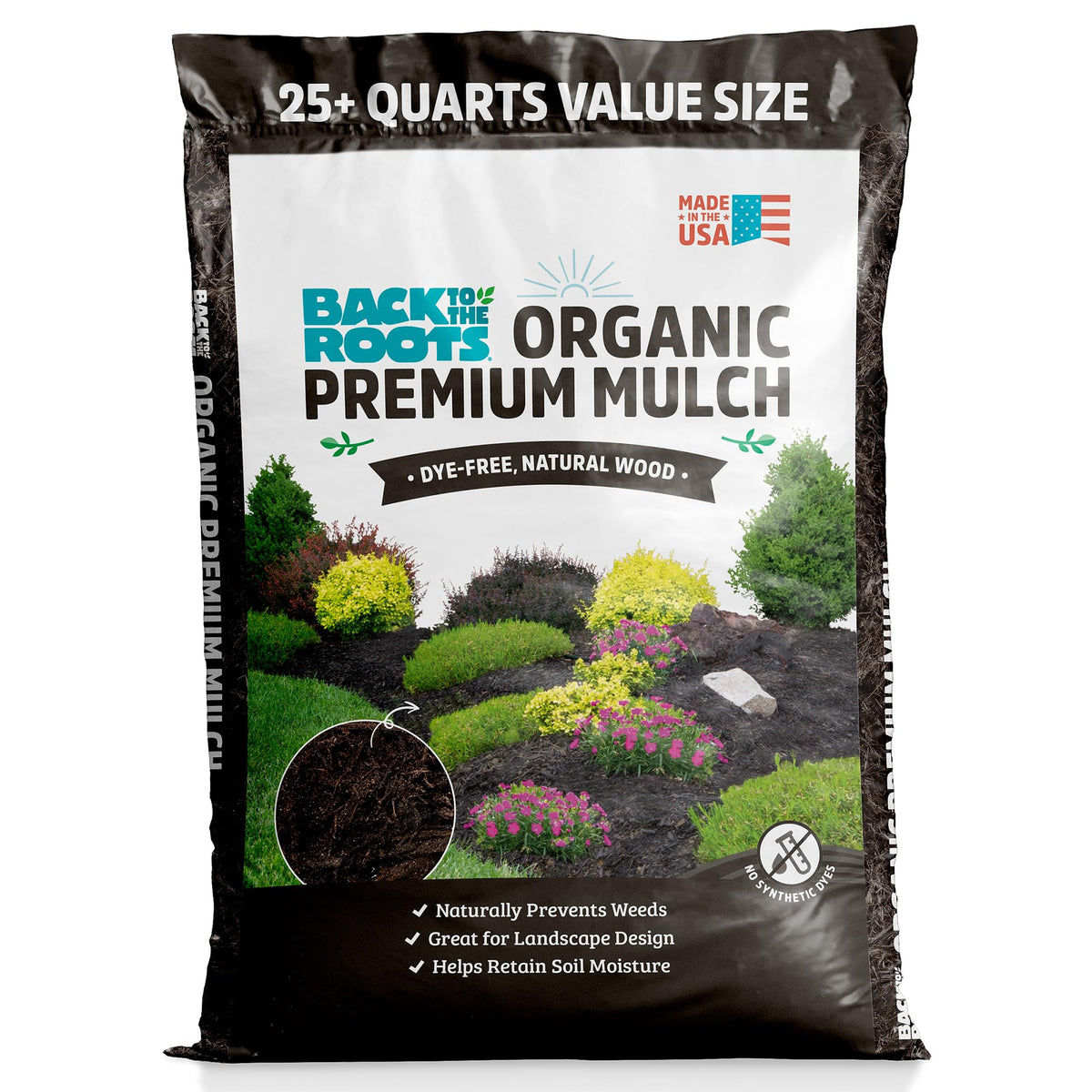 Back to the Roots mulch bag closeup showing soil texture for soil health