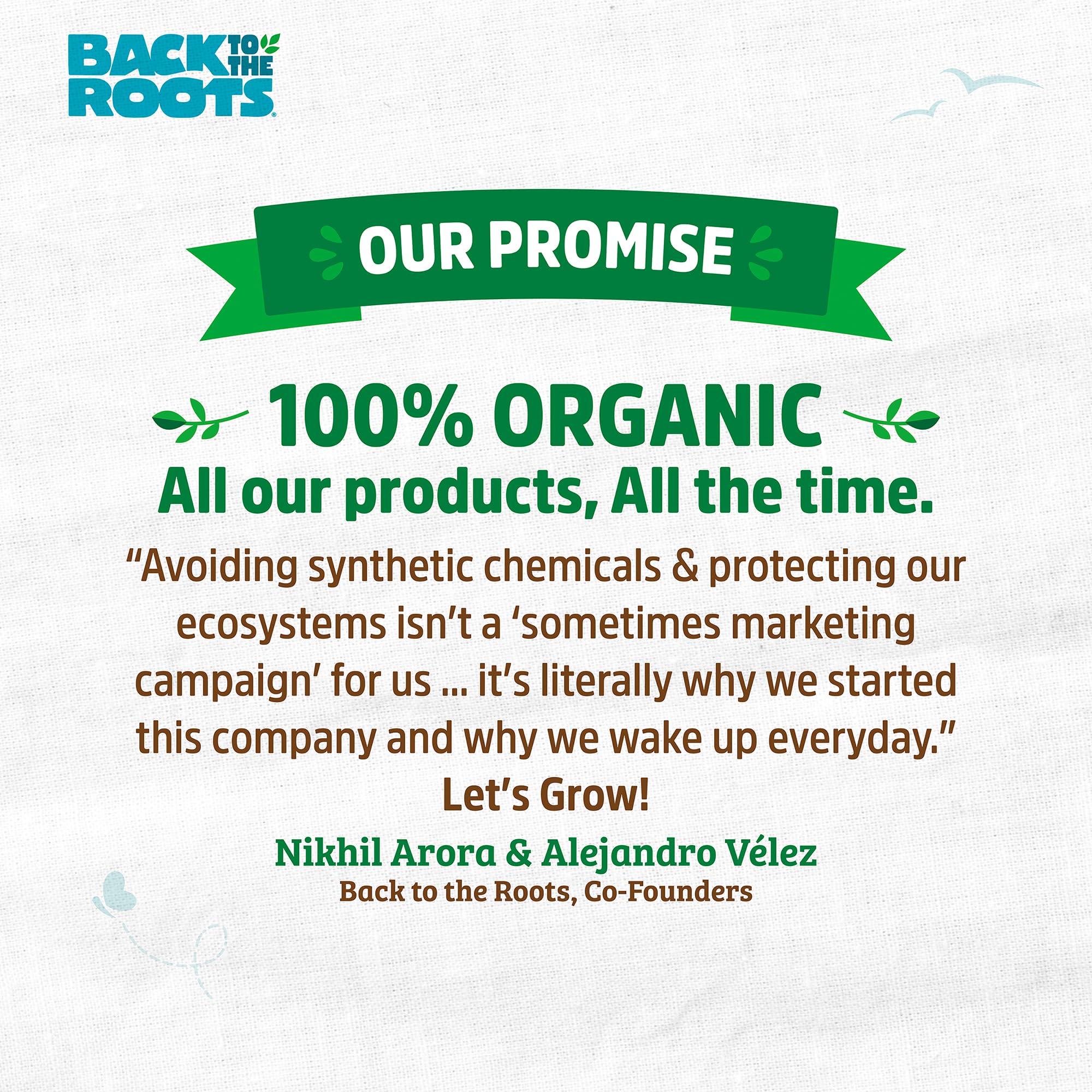 Back to the Roots peat-free base highlighting sustainable soil ingredients.
