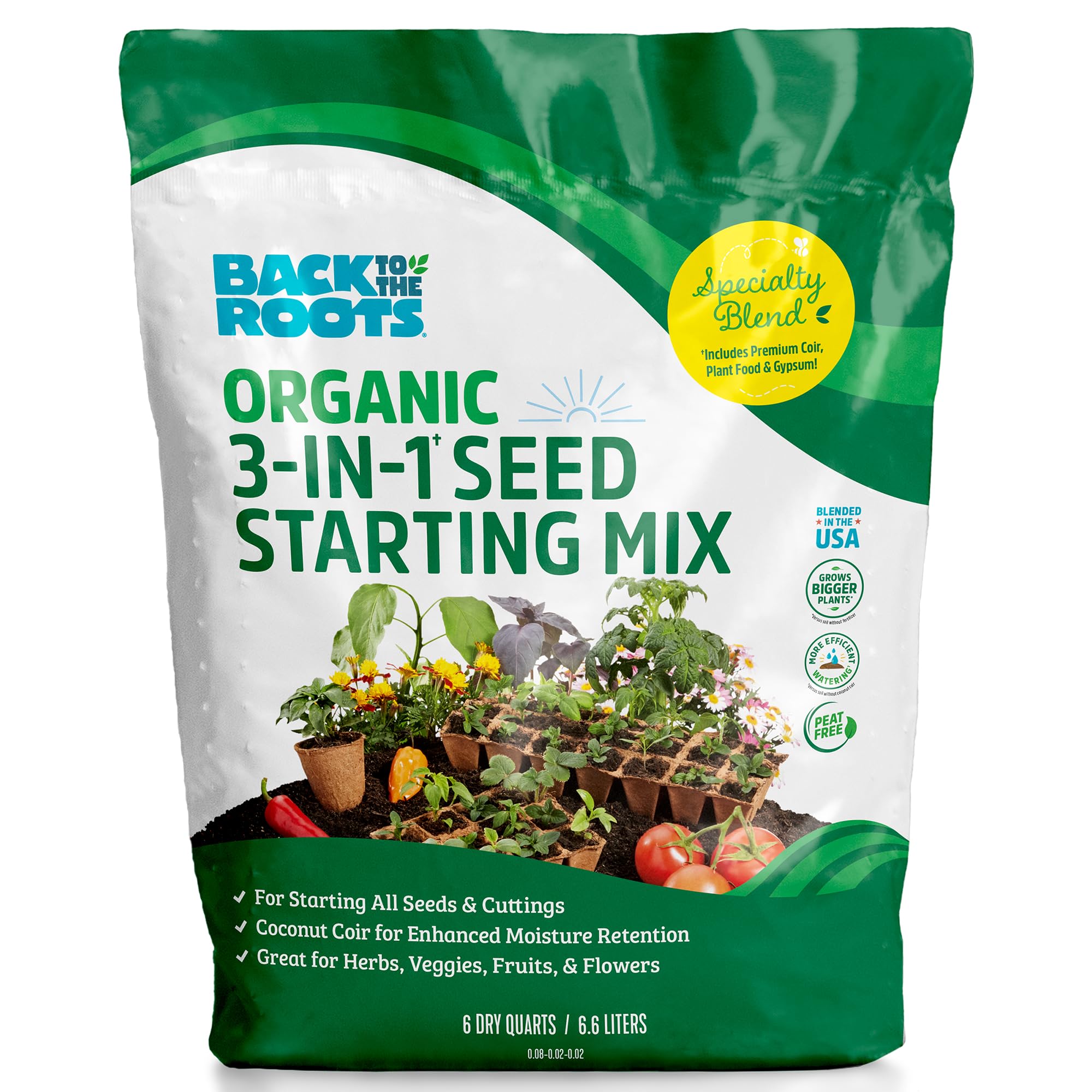 Back to the Roots 3-in-1 seed starting mix bag promotes healthy germination.