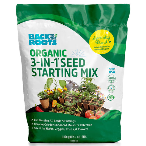 Back to the Roots 3-in-1 seed starting mix bag promotes healthy germination.