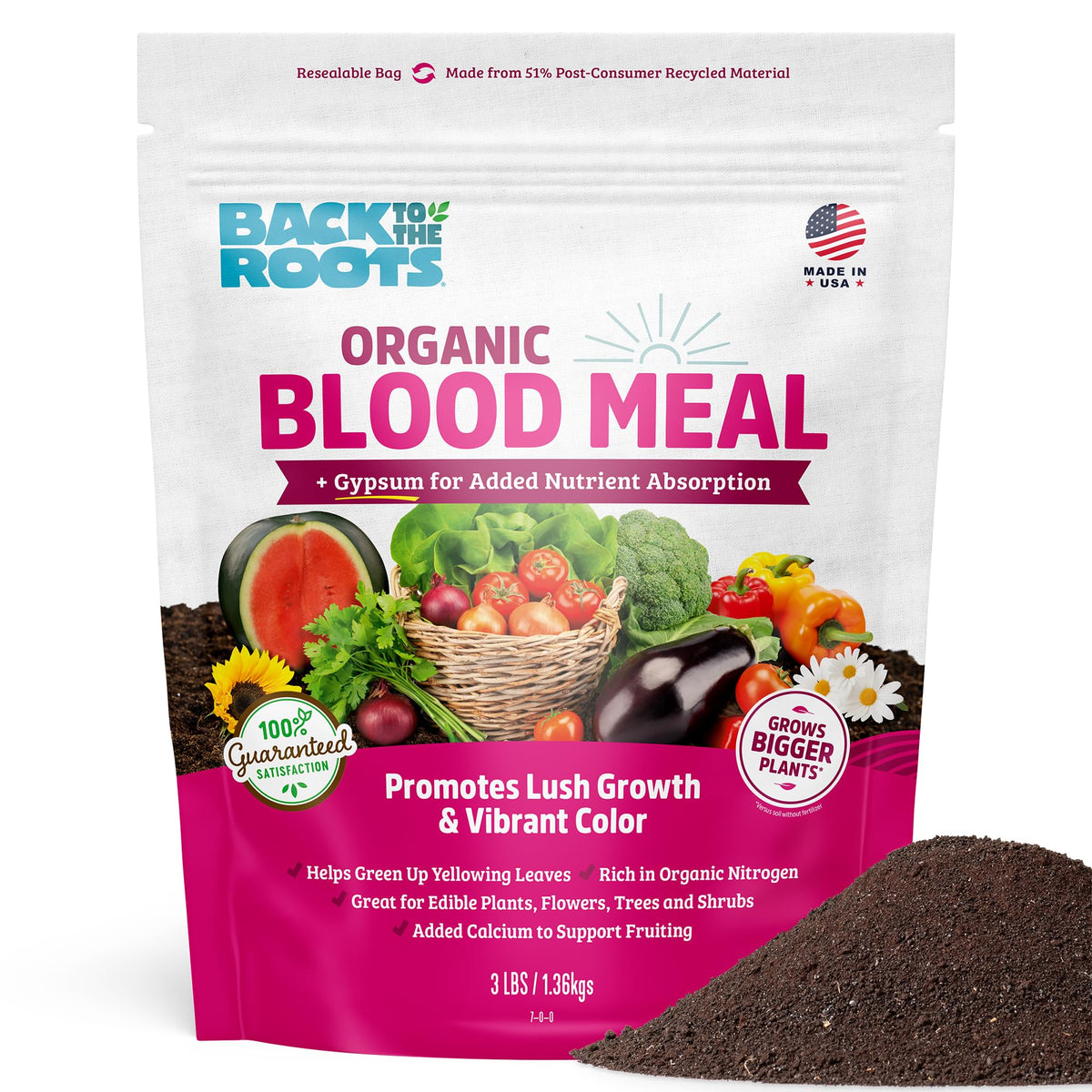 Back to the Roots Blood Meal packaging shown for simple garden nutrition at home.