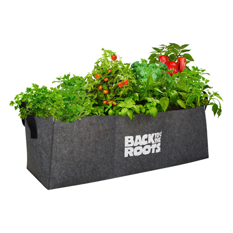 Back to the Roots breathable fabric raised bed close-up showing airy material for healthier roots.