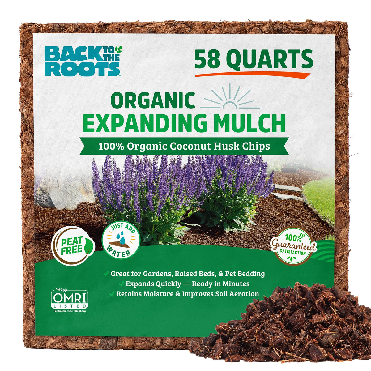 Back to the Roots coconut husk mulch block ready to expand with water for gardens.