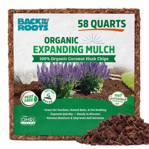 Back to the Roots coconut husk mulch block ready to expand with water for gardens.