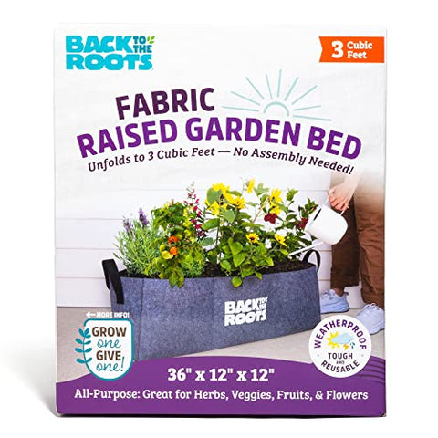 Back to the Roots fabric raised bed in use on a patio, ideal for fresh herbs.