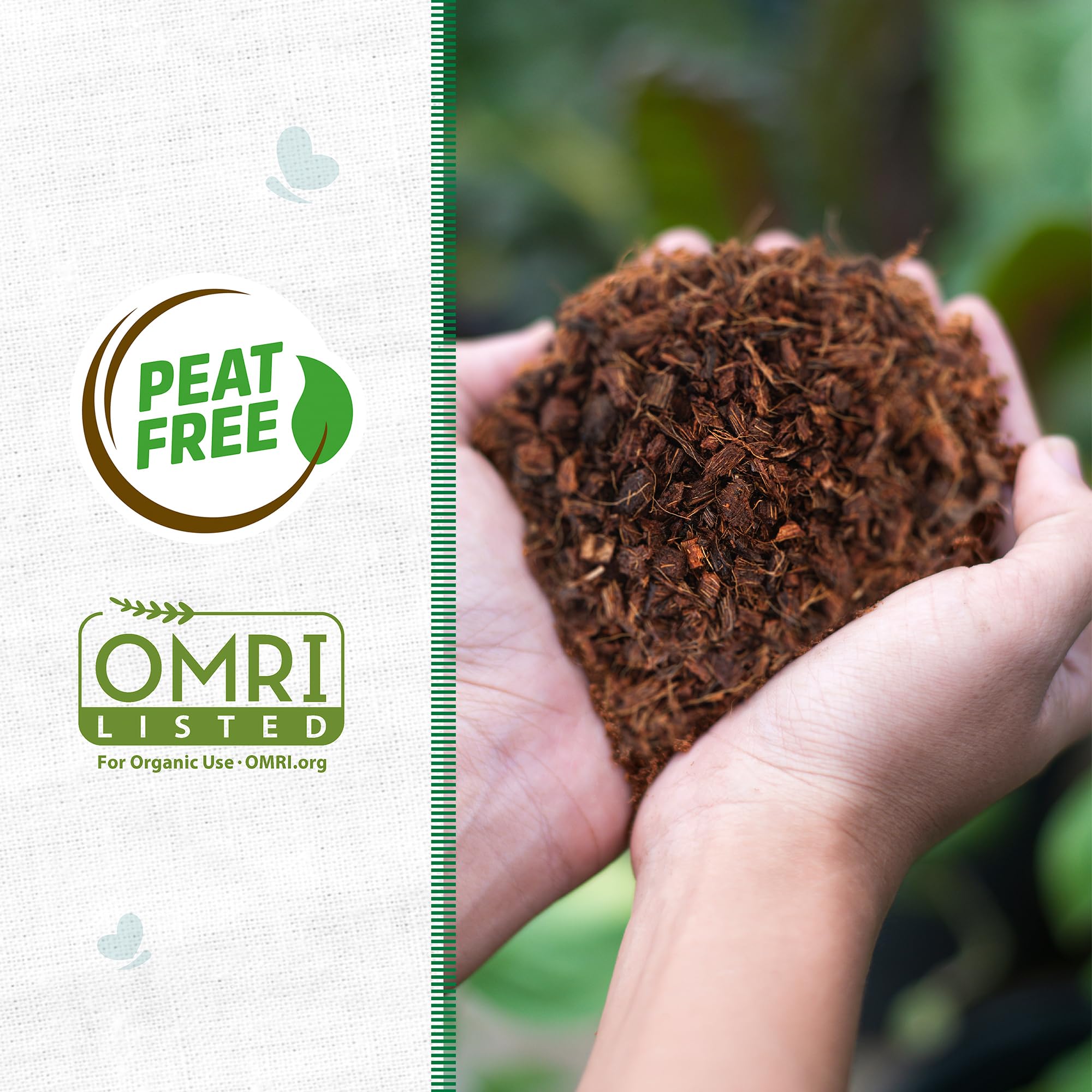 Back to the Roots expanding mulch shows volume after hydration for beds and pots.