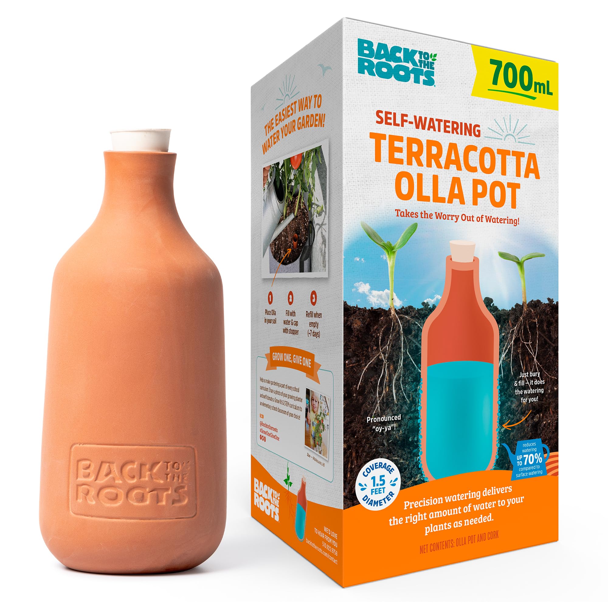 Back to the Roots Olla pot close-up; 700 mL capacity for steady hydration.