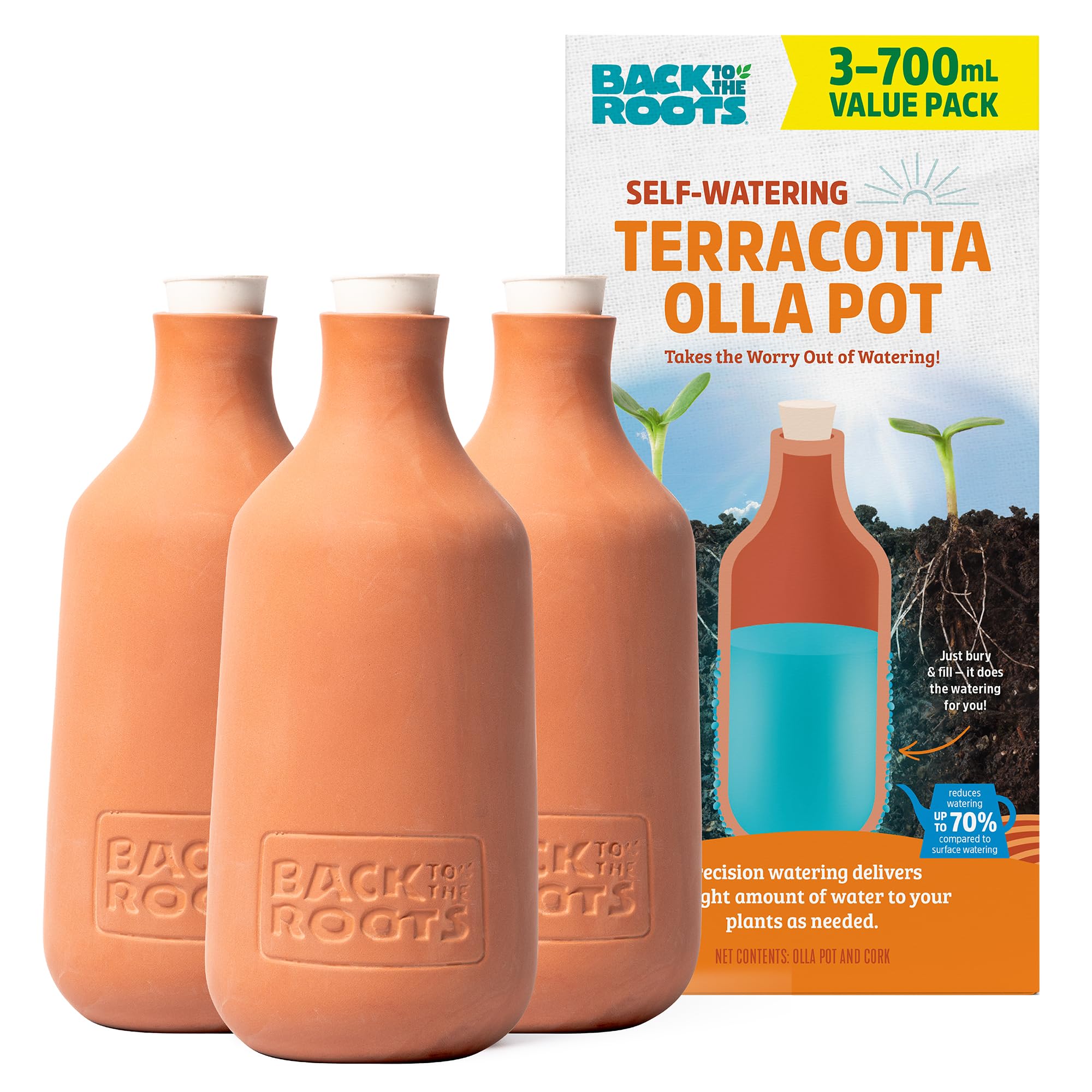 Back to the Roots Olla pot in soil delivers steady moisture for two large plants.