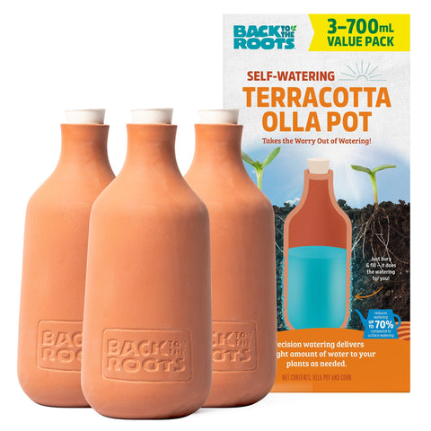 Back to the Roots Olla pot in soil delivers steady moisture for two large plants.