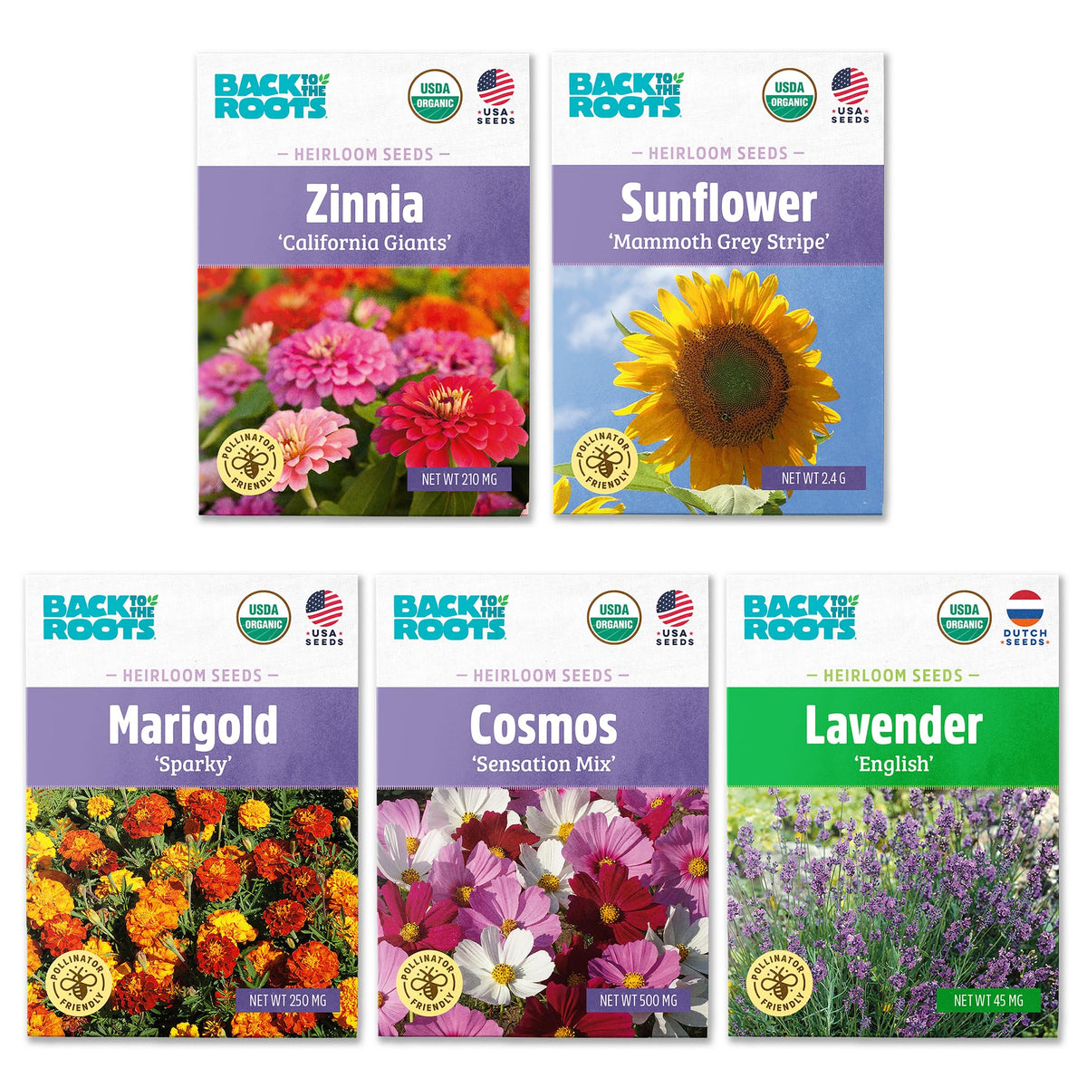 Back to the Roots organic flowers seeds 5-pack packaging, ready to start a spring garden