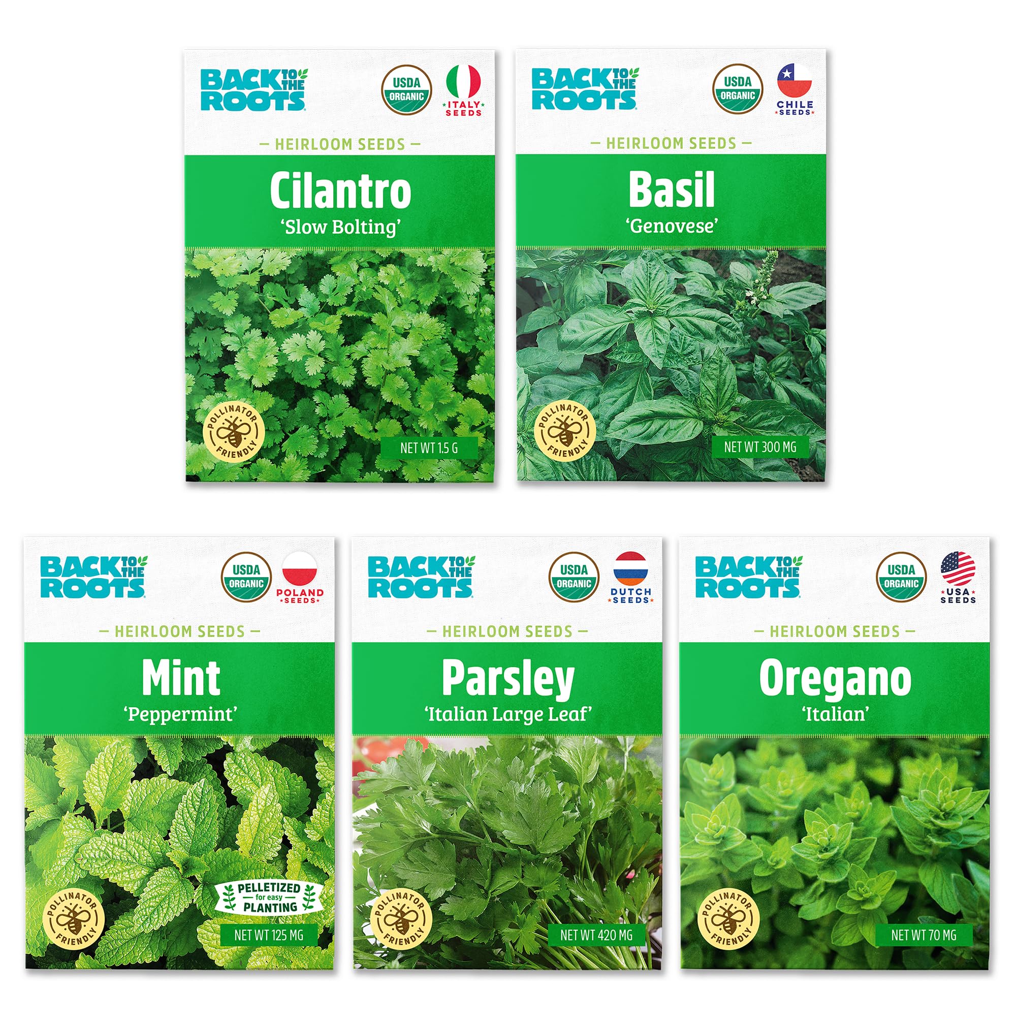 Back to the Roots Organic Herb Seeds Variety 5-Pack packaging shows ready-to-grow packets for beginners.