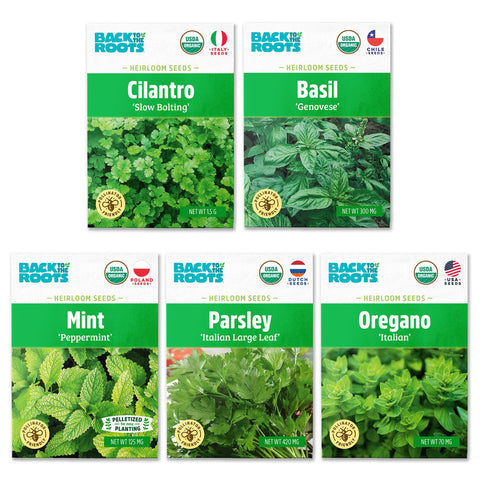 Back to the Roots Organic Herb Seeds Variety 5-Pack packaging shows ready-to-grow packets for beginners.