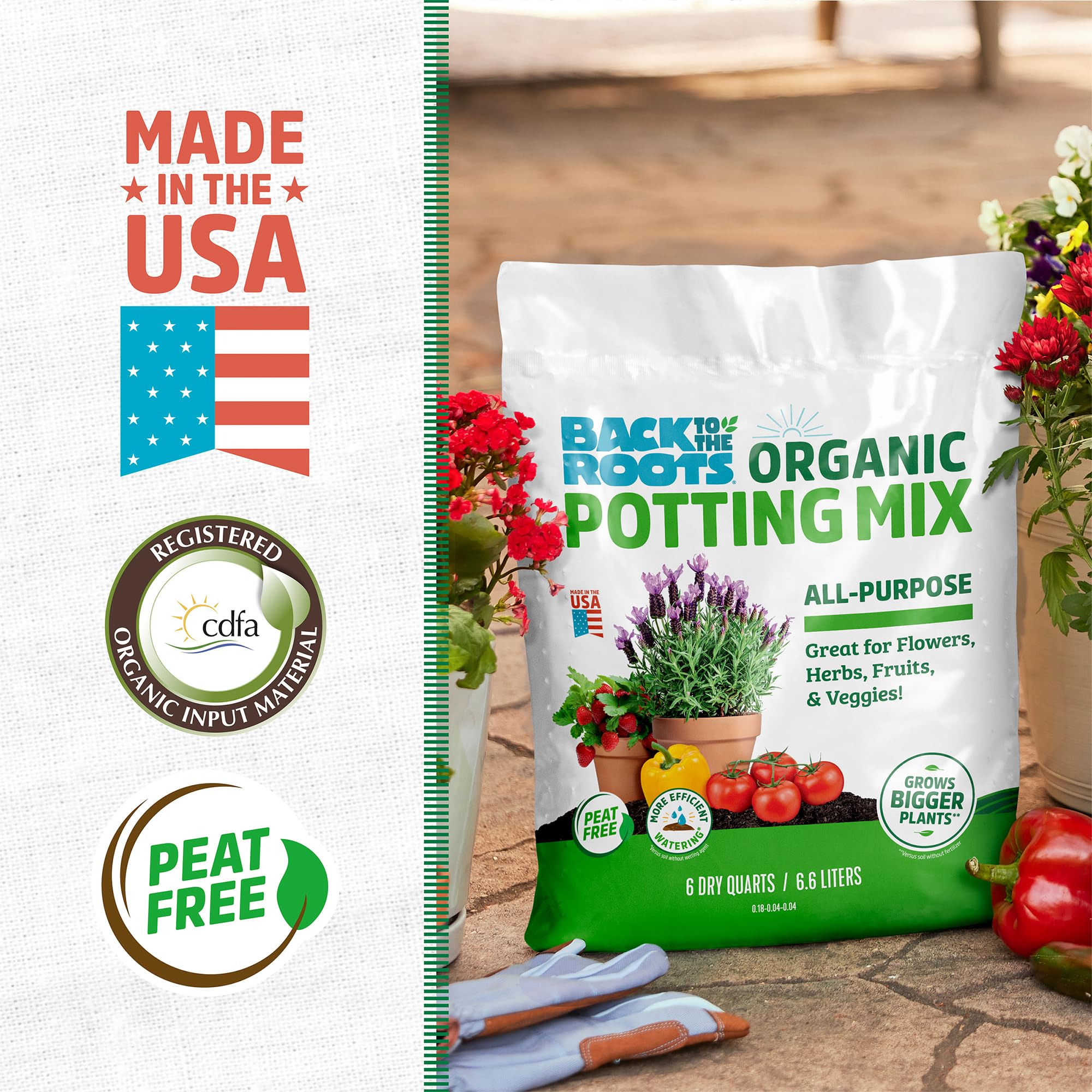 Back to the Roots organic potting mix label closeup highlights premium ingredients for healthier plants.