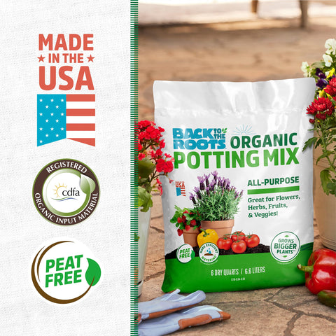 Back to the Roots organic potting mix label closeup highlights premium ingredients for healthier plants.