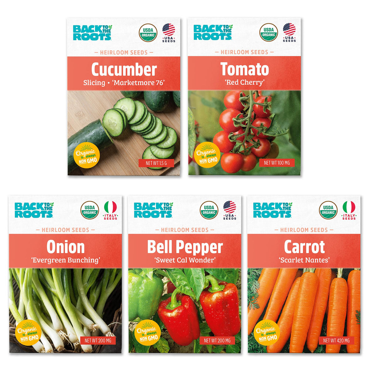 Back to the Roots organic seed variety 5-pack in a ready-to-plant box for spring gardening.