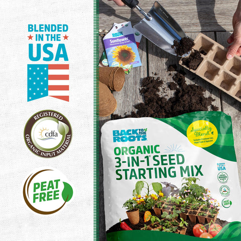 Back to the Roots peat-free soil mix bag highlights eco-friendly gardening benefits.