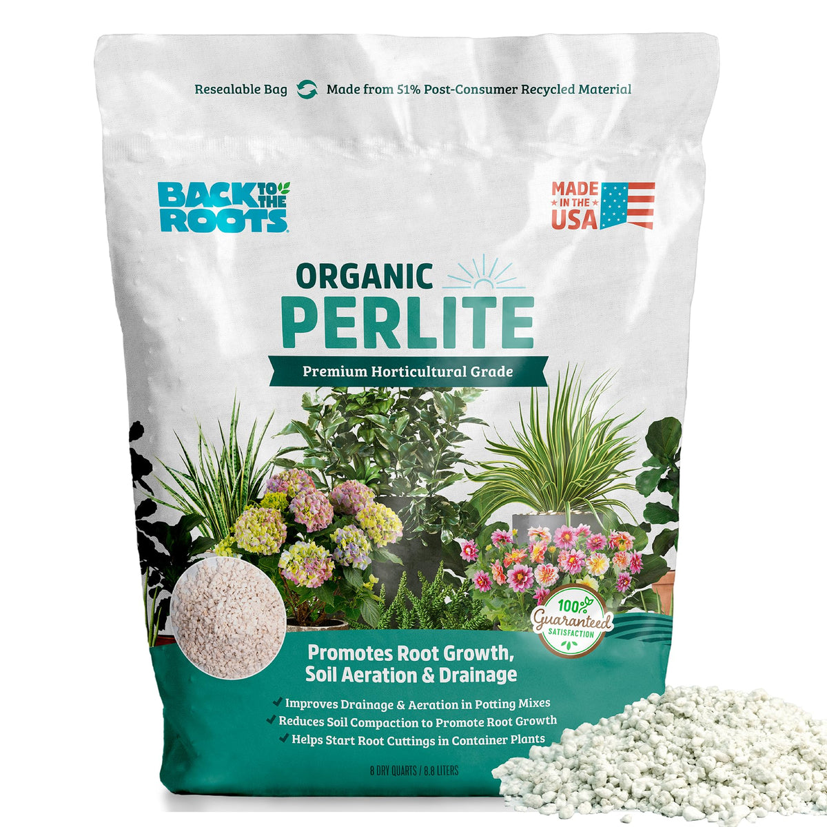 Back to the Roots 8qt perlite bag enhances soil aeration for thriving containers