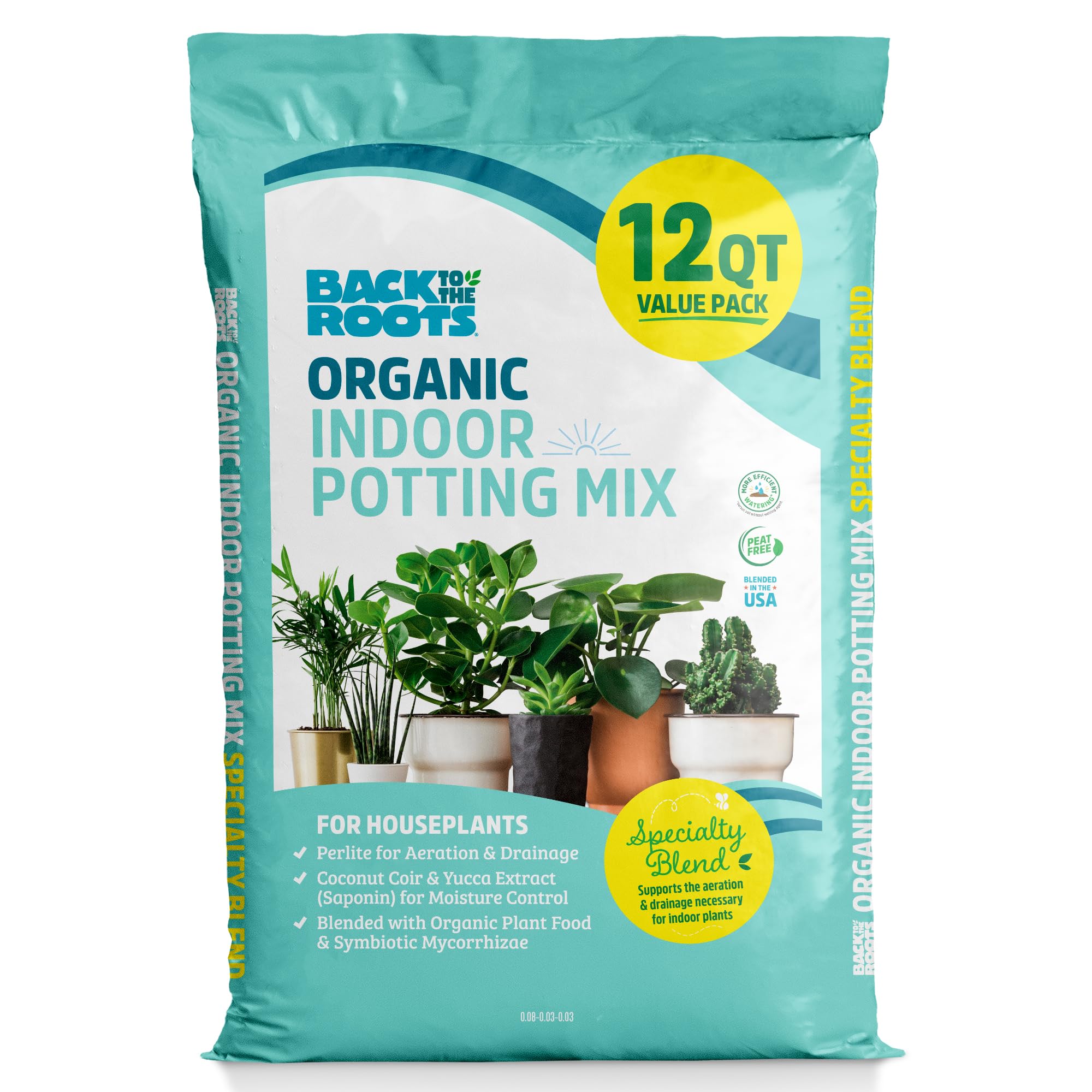 Back to the Roots potting mix 12qt bag front highlights hydration-friendly soil for healthy indoor plants