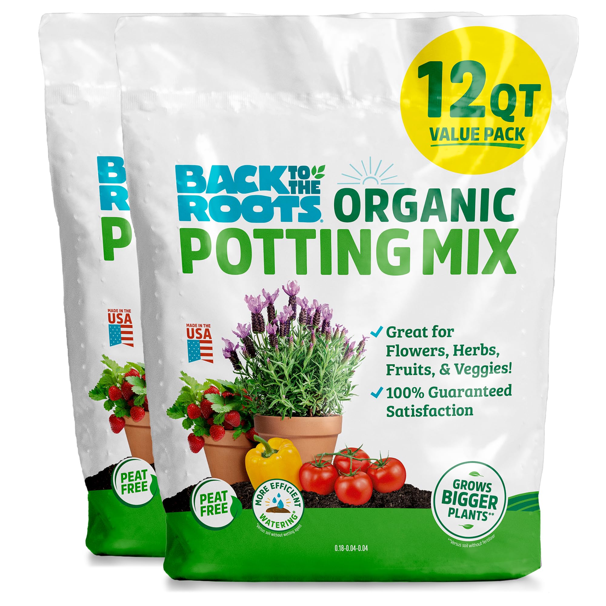 Back to the Roots potting mix 12qt bag front for versatile indoor and outdoor gardening.