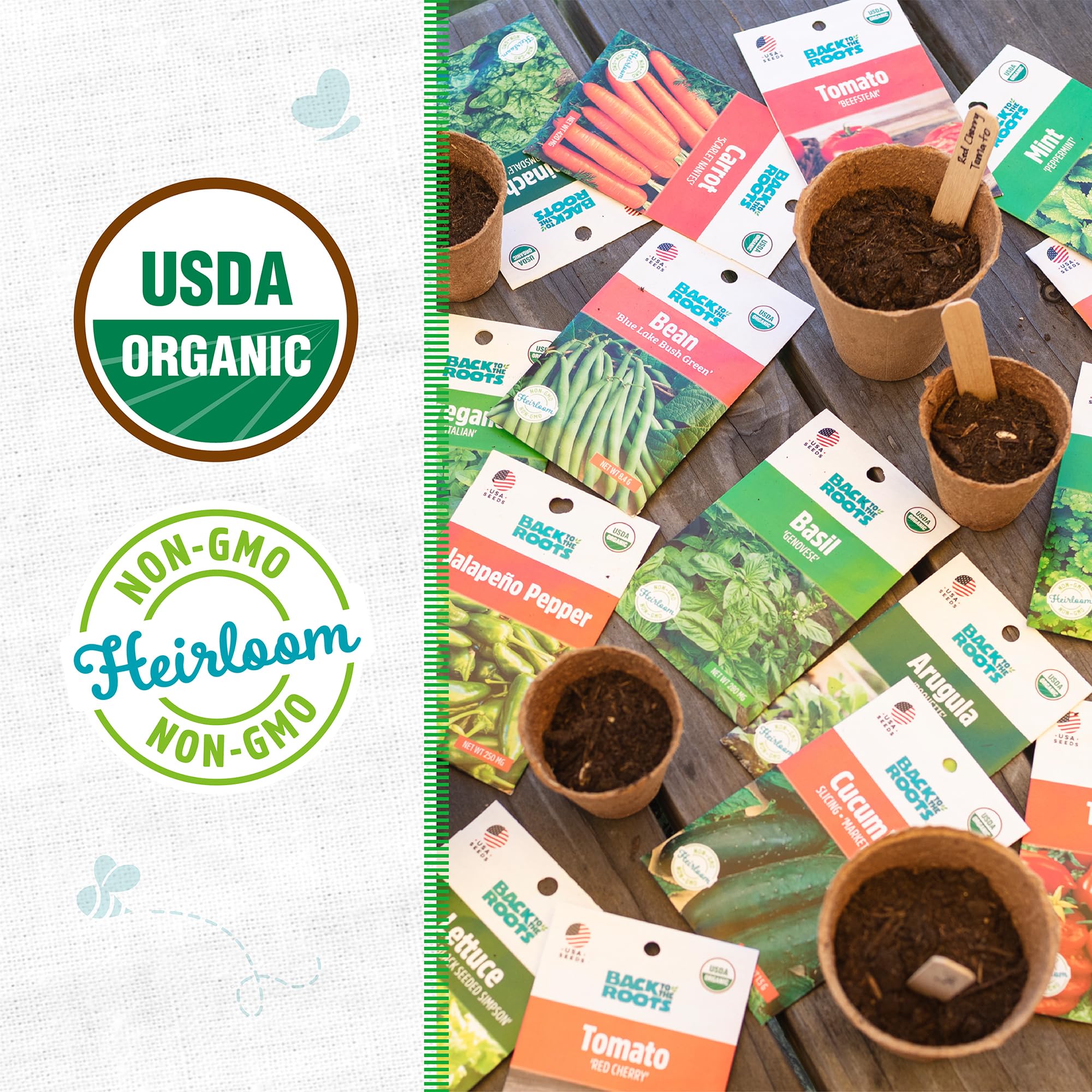 Back to the Roots seed packets display variety for herbs, veggies, and greens.