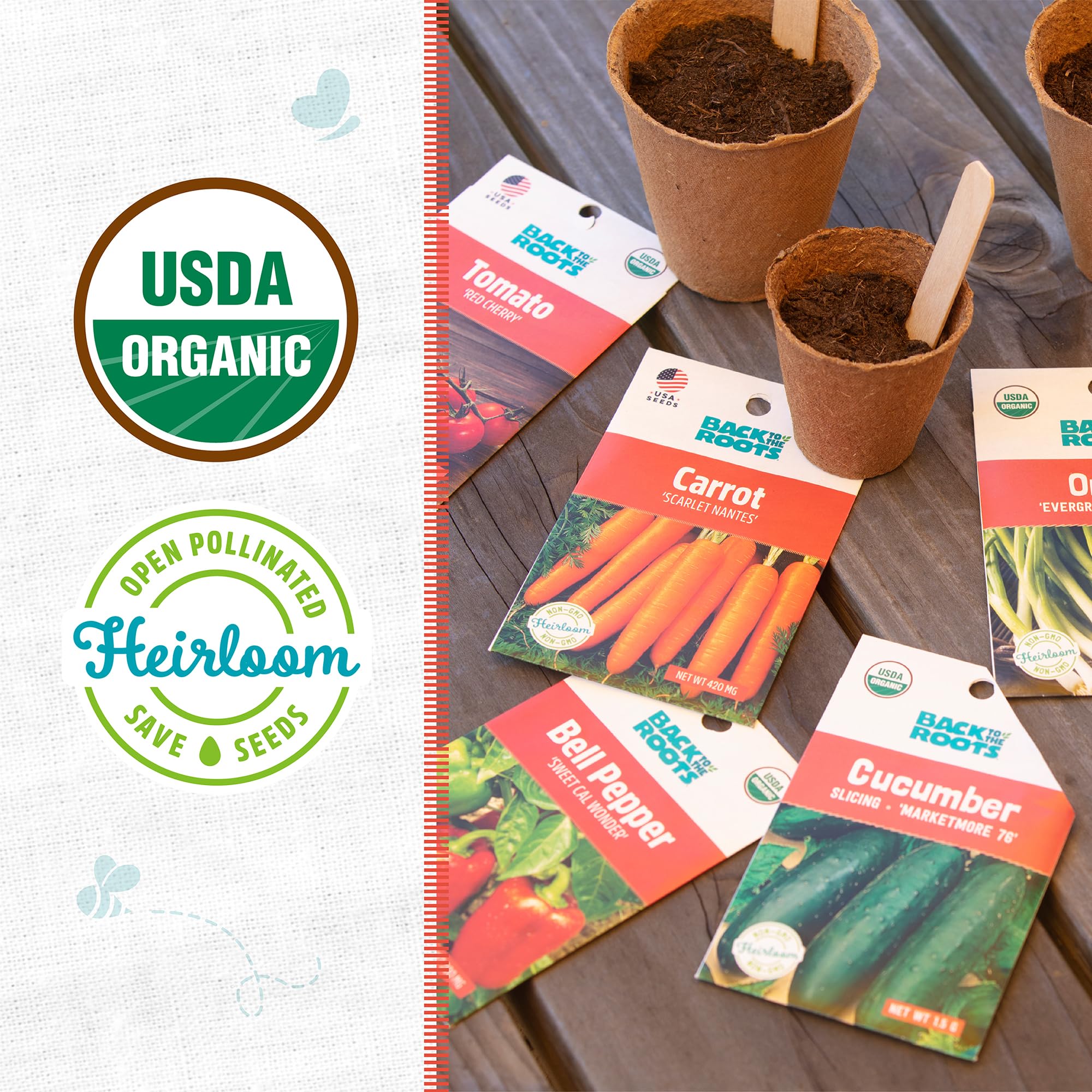 Back to the Roots seed packets collection enables versatile indoor or outdoor growing options.