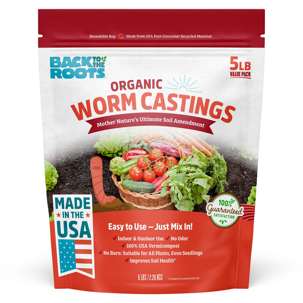 Back to the Roots worm castings bag on a shelf improves soil health for all plants.