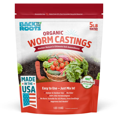 Back to the Roots worm castings bag on a shelf improves soil health for all plants.