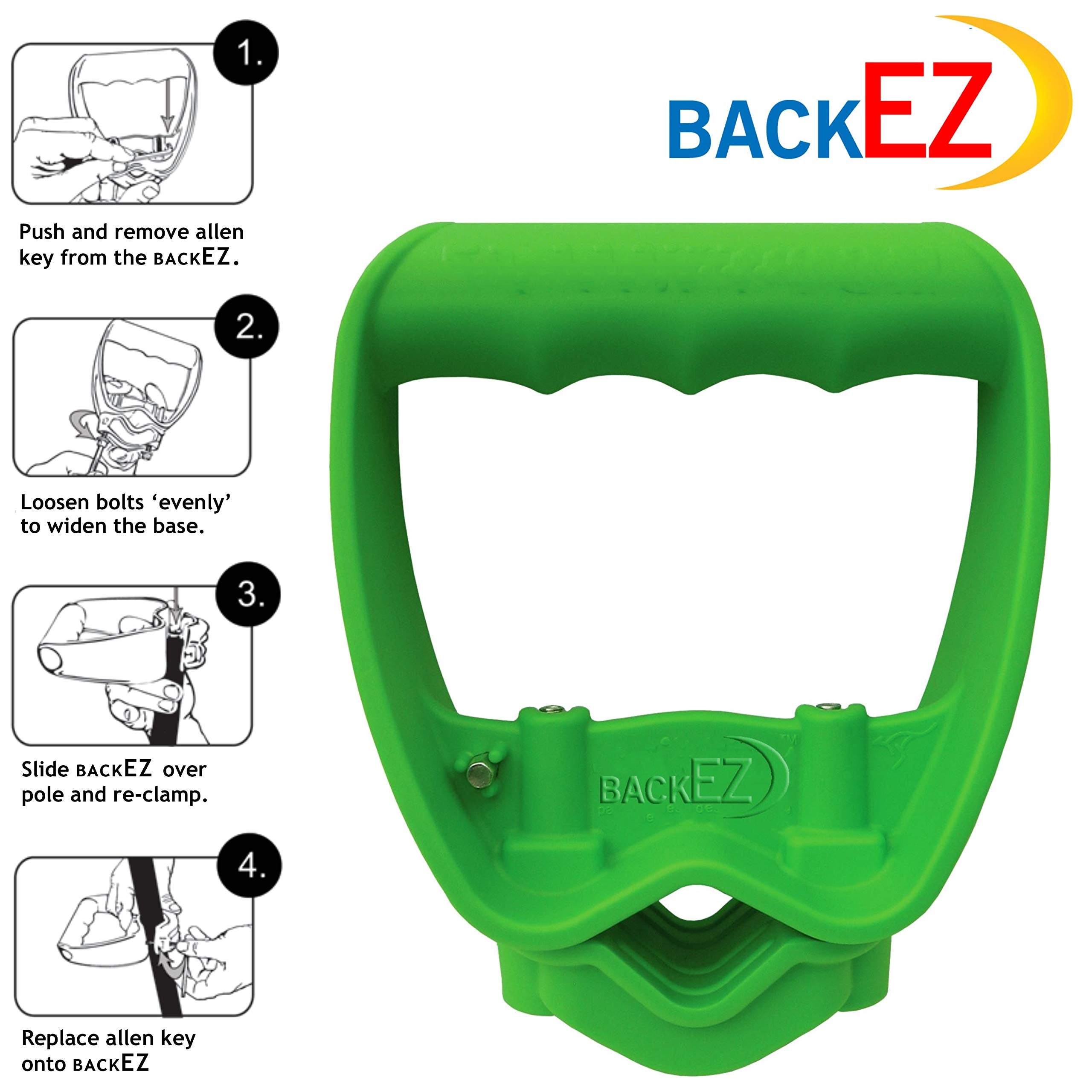 BackEZ EVR-Grip offset handle promoting upright posture during yard work.