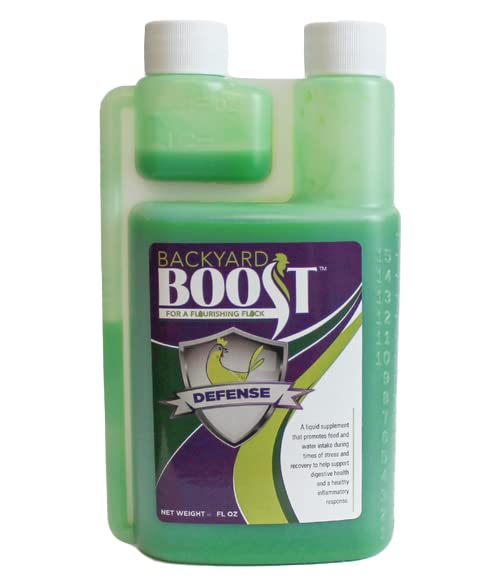 Backyard Boost Defense for Poultry bottle label highlighting digestive support.