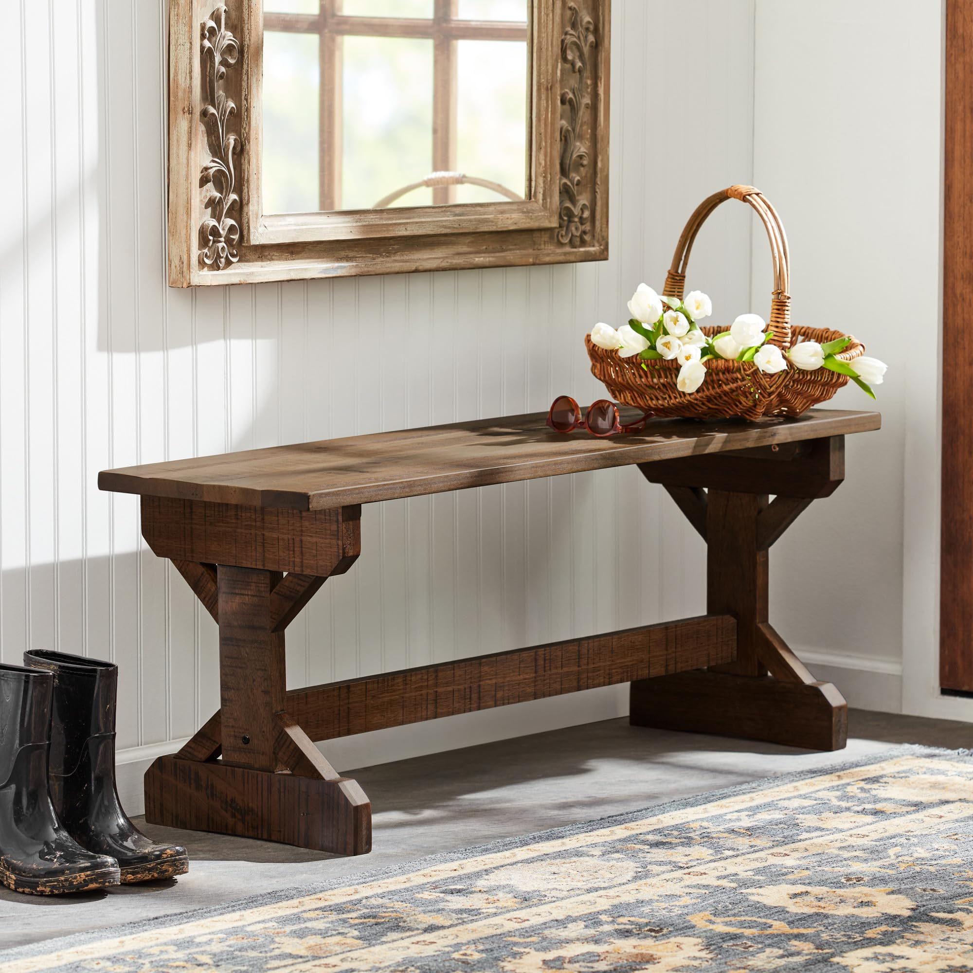 Backyard Discovery Meranti Farmhouse Bench entryway setup with walnut tone, welcoming two-person seating.