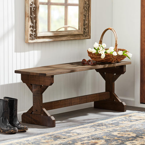 Backyard Discovery Meranti Farmhouse Bench entryway setup with walnut tone, welcoming two-person seating.