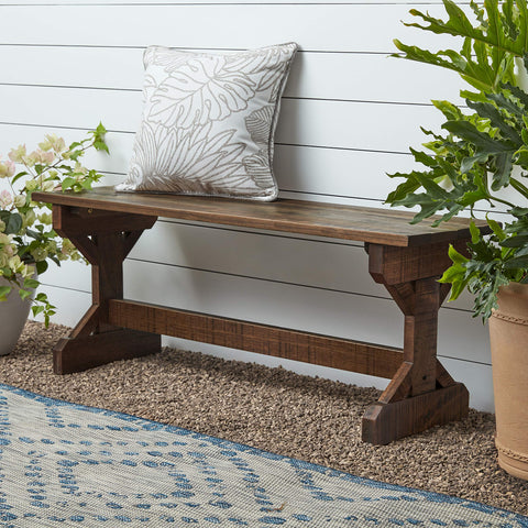 Backyard Discovery Meranti Farmhouse Bench front view in walnut finish, ideal for porch seating.