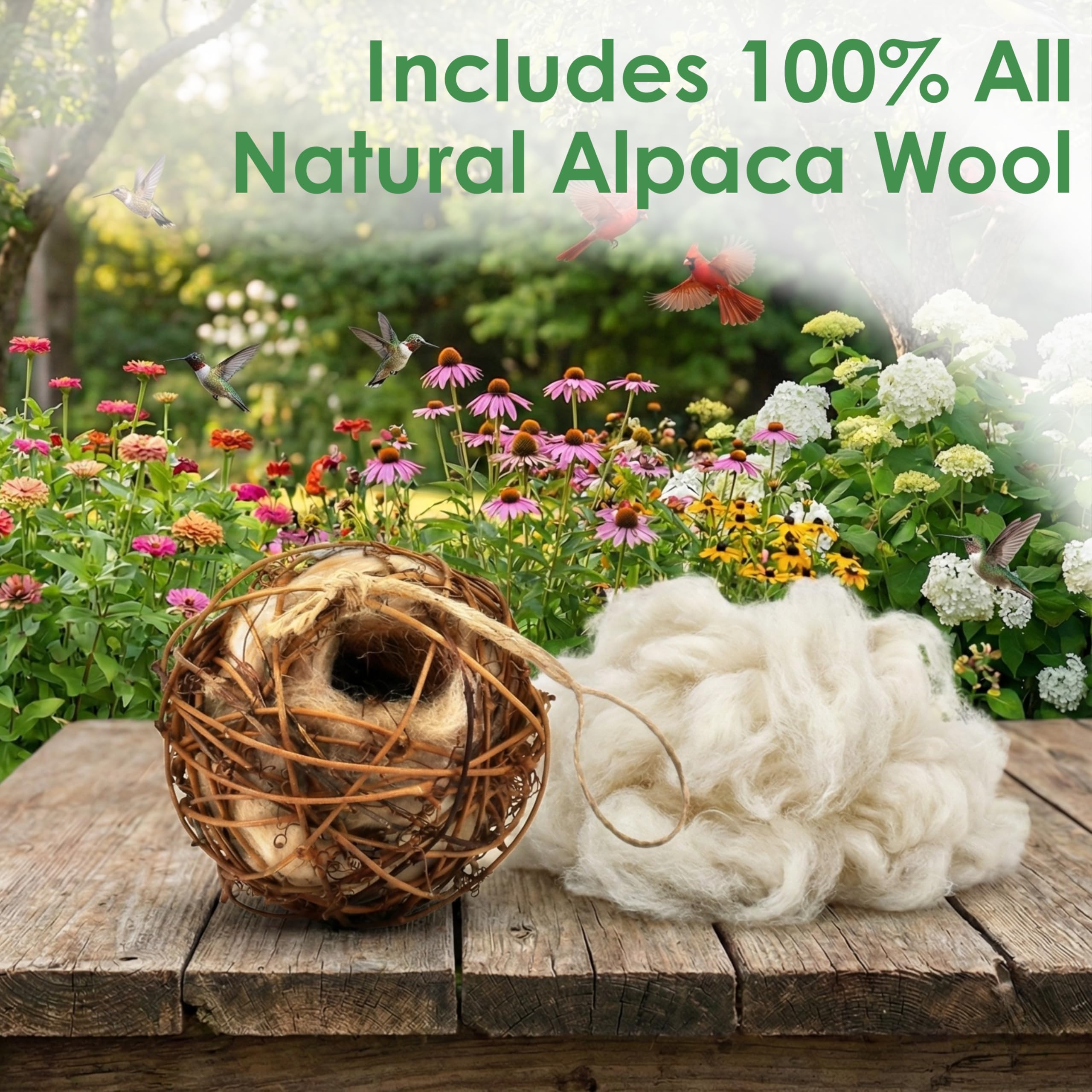 Backyard Essentials alpaca wool nesting ball with refillable vine for extra materials.