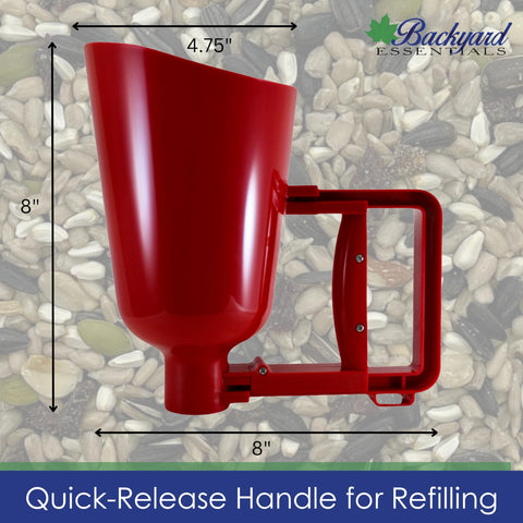 Funnel-shaped design helps transfer seed from bag to feeder smoothly.