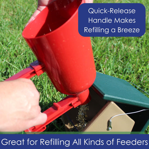 Scoop shown filling a feeder with no spills thanks to the 4-cup capacity.
