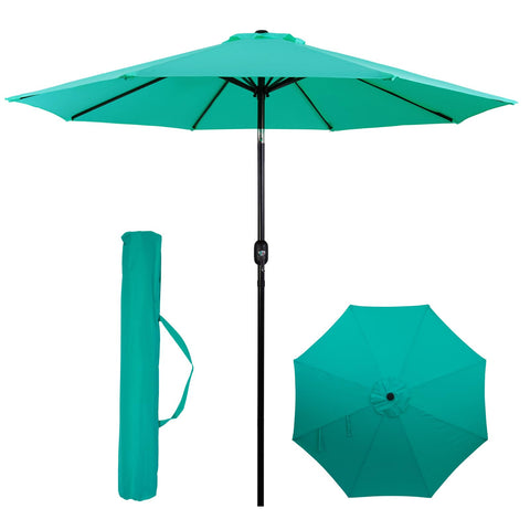 Backyard Expressions 9 ft umbrella, open-crank view, easy shade for outdoor dining.
