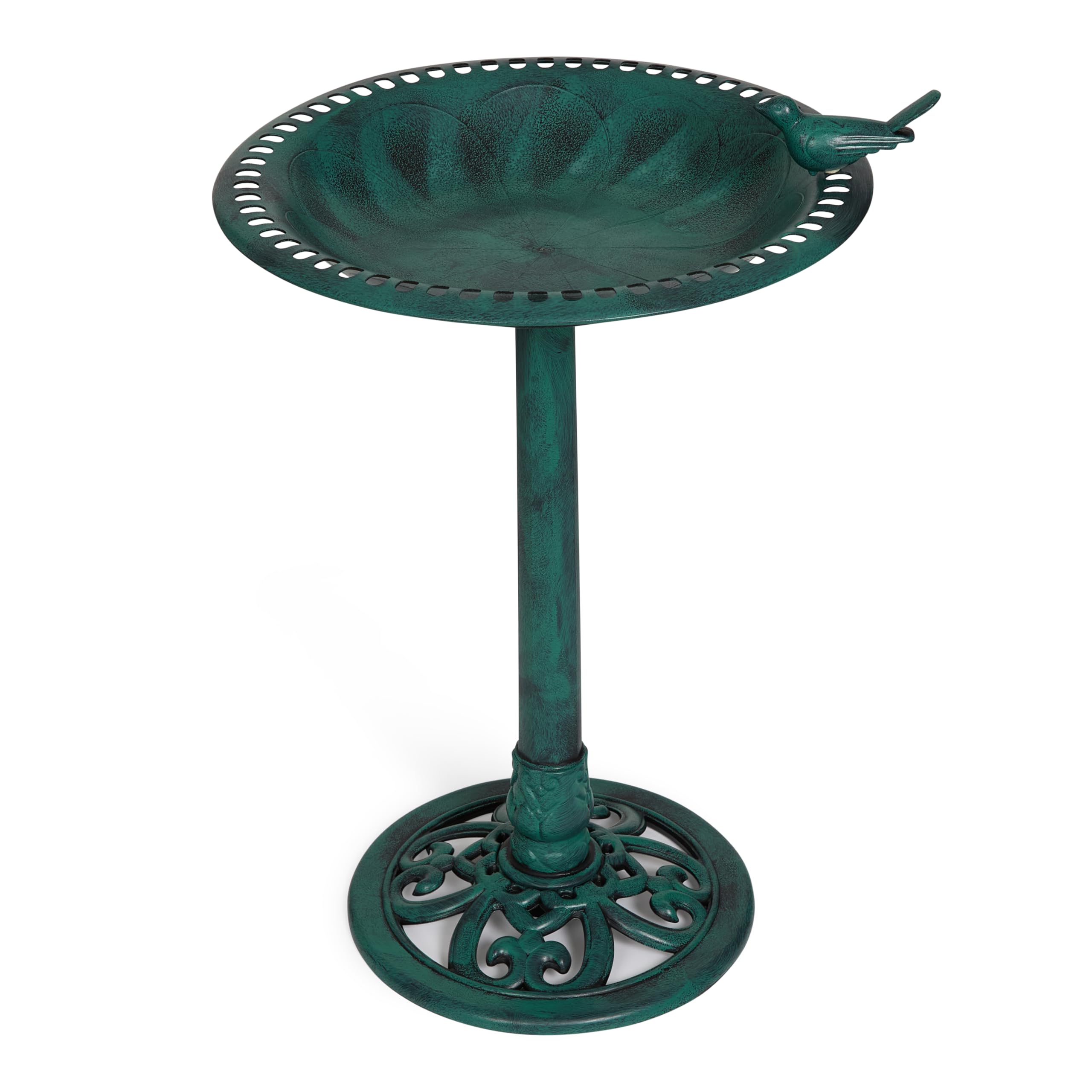 Backyard Expressions resin bird bath with decorative bird attachment adds charm