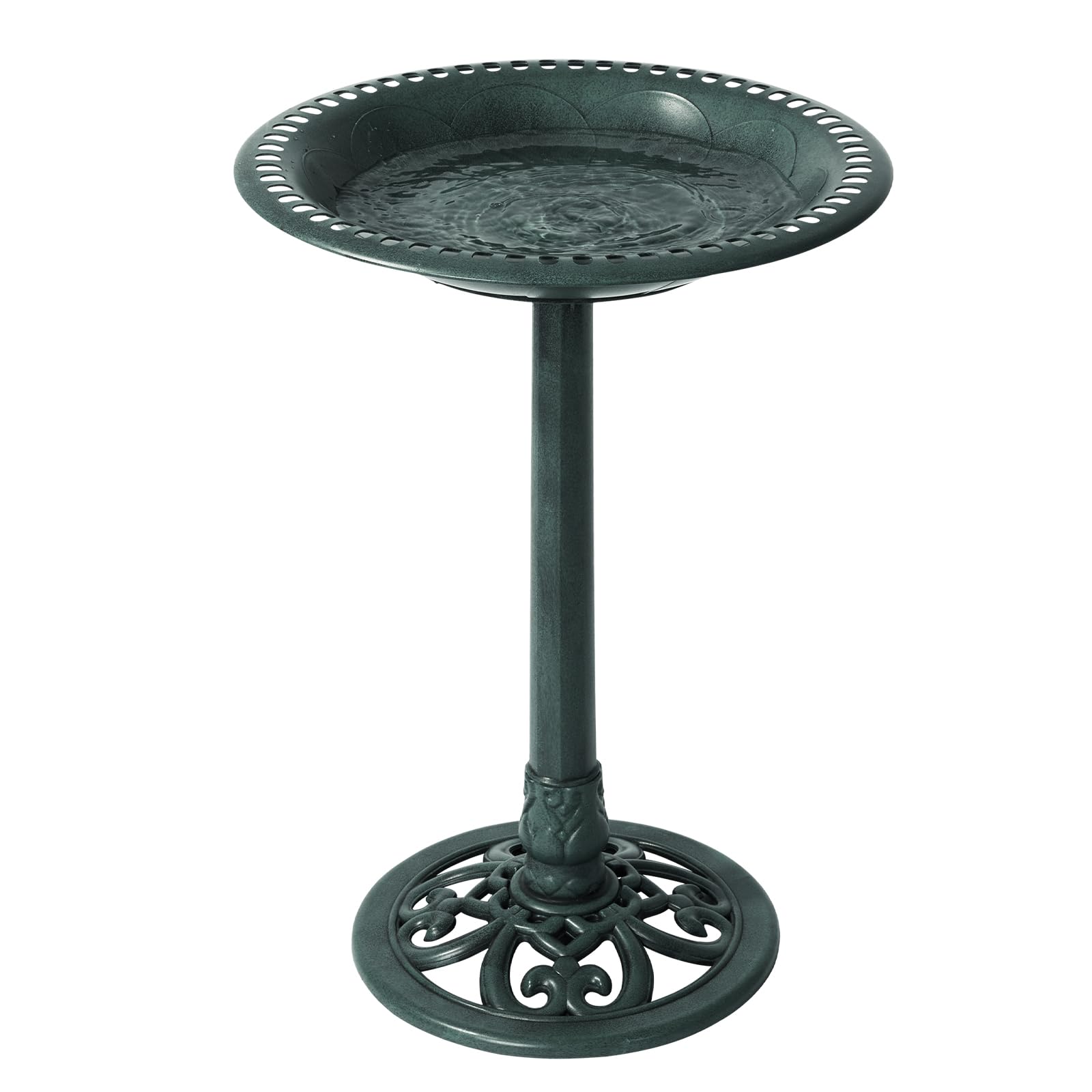 Backyard Expressions bird bath in green, 27-inch height, inviting multiple birds to drink.