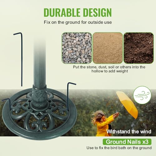 Backyard Expressions green bird bath featuring a stable base for outdoor use.