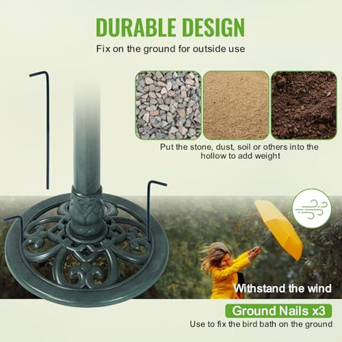 Backyard Expressions green bird bath featuring a stable base for outdoor use.