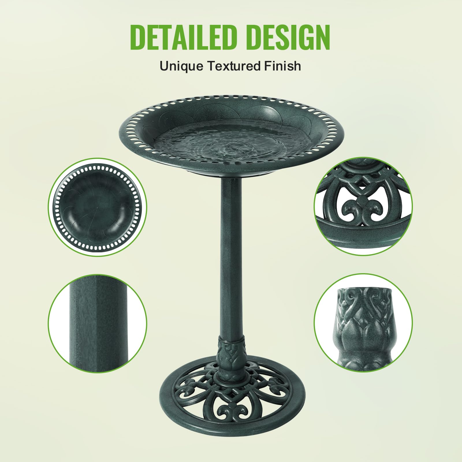 Backyard Expressions bird bath with three stakes for added stability in a garden.