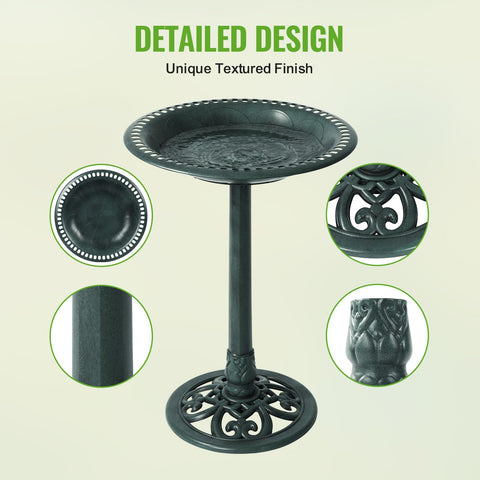 Backyard Expressions bird bath with three stakes for added stability in a garden.
