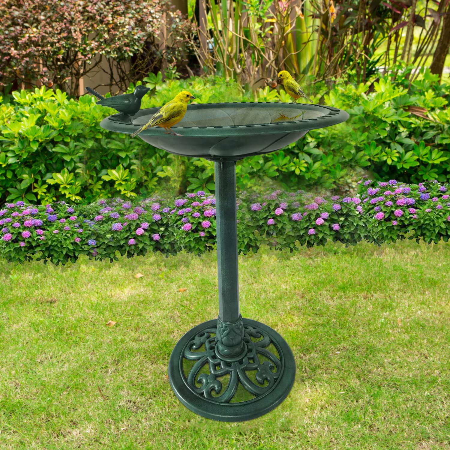 Backyard Expressions bird bath in lush garden as a focal outdoor decor