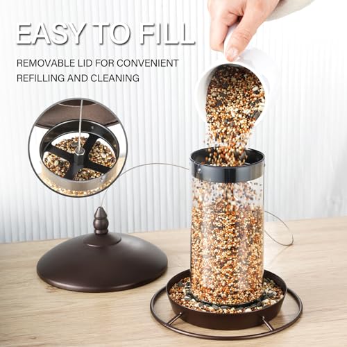 Backyard Expressions weatherproof bird feeder design protects seeds in windy weather
