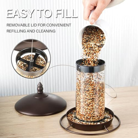 Backyard Expressions weatherproof bird feeder design protects seeds in windy weather