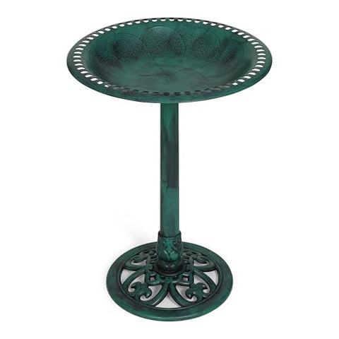 Backyard Expressions bird bath green with 21-inch basin for multiple birds.