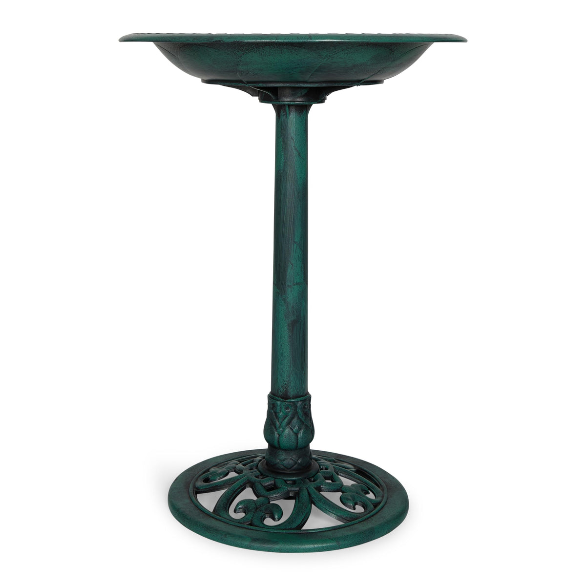 Backyard Expressions green bird bath inviting birds to drink and splash.