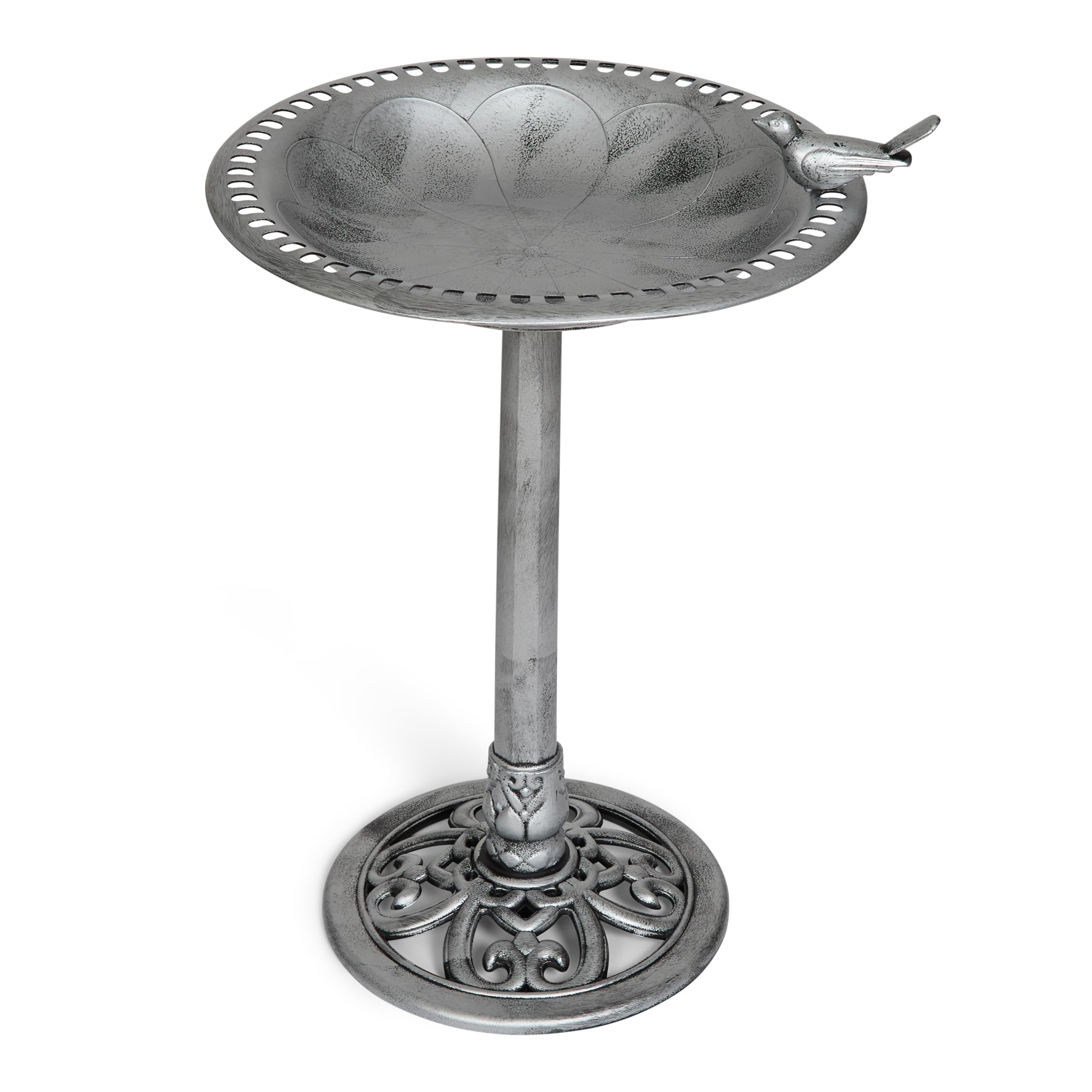 Backyard Expressions birdbath with perched bird attachment highlights focal point for garden.