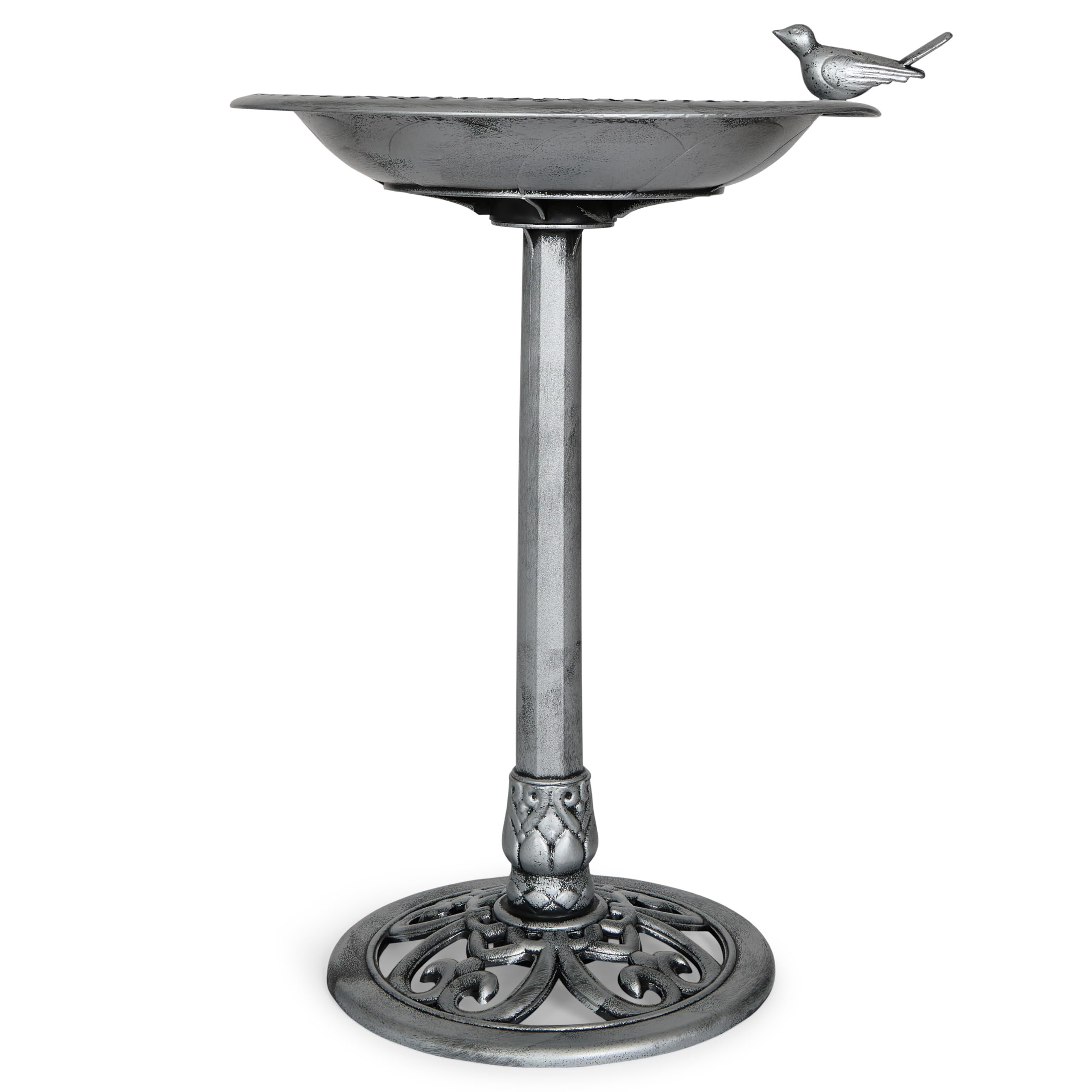 Backyard Expressions birdbath in silver adds durable garden elegance and attracts birds.